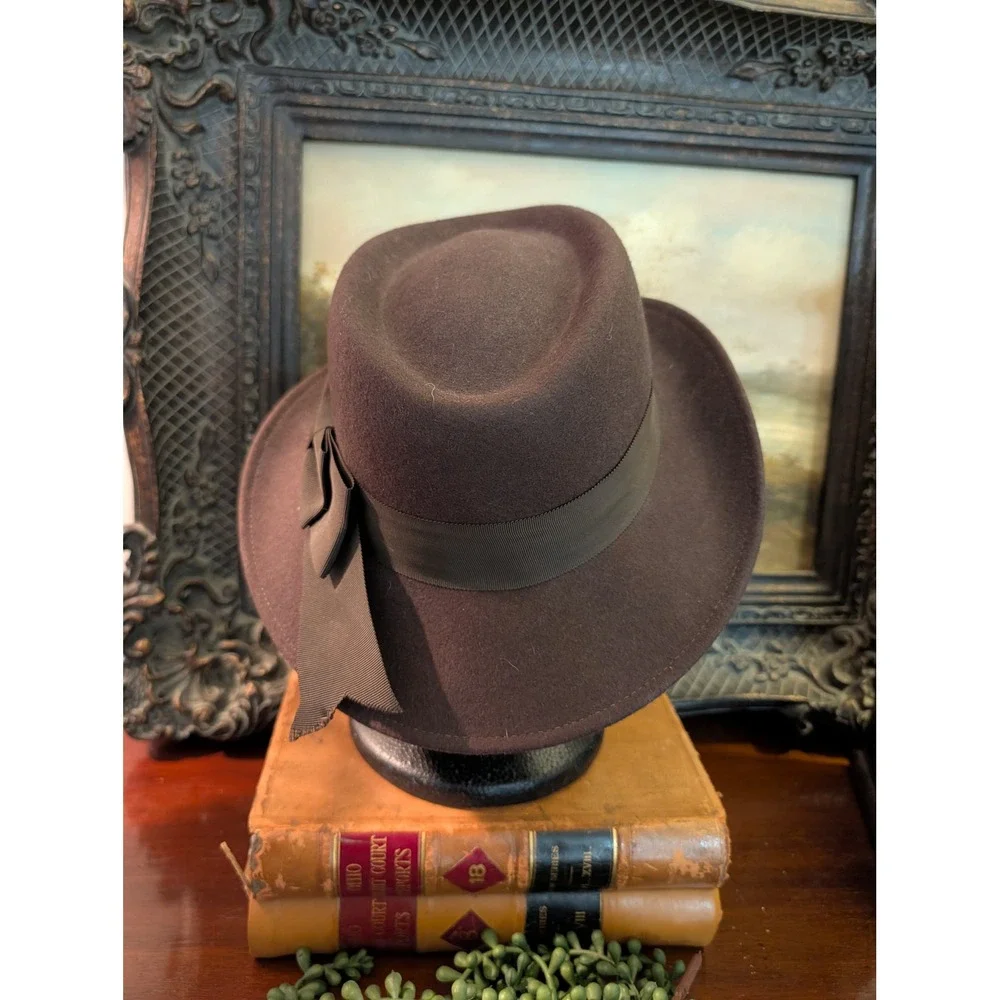Doeskin Felt Brown 100% Wool Fedora Hat Grosgrain Ribbon Bow Geo W Bollman USA